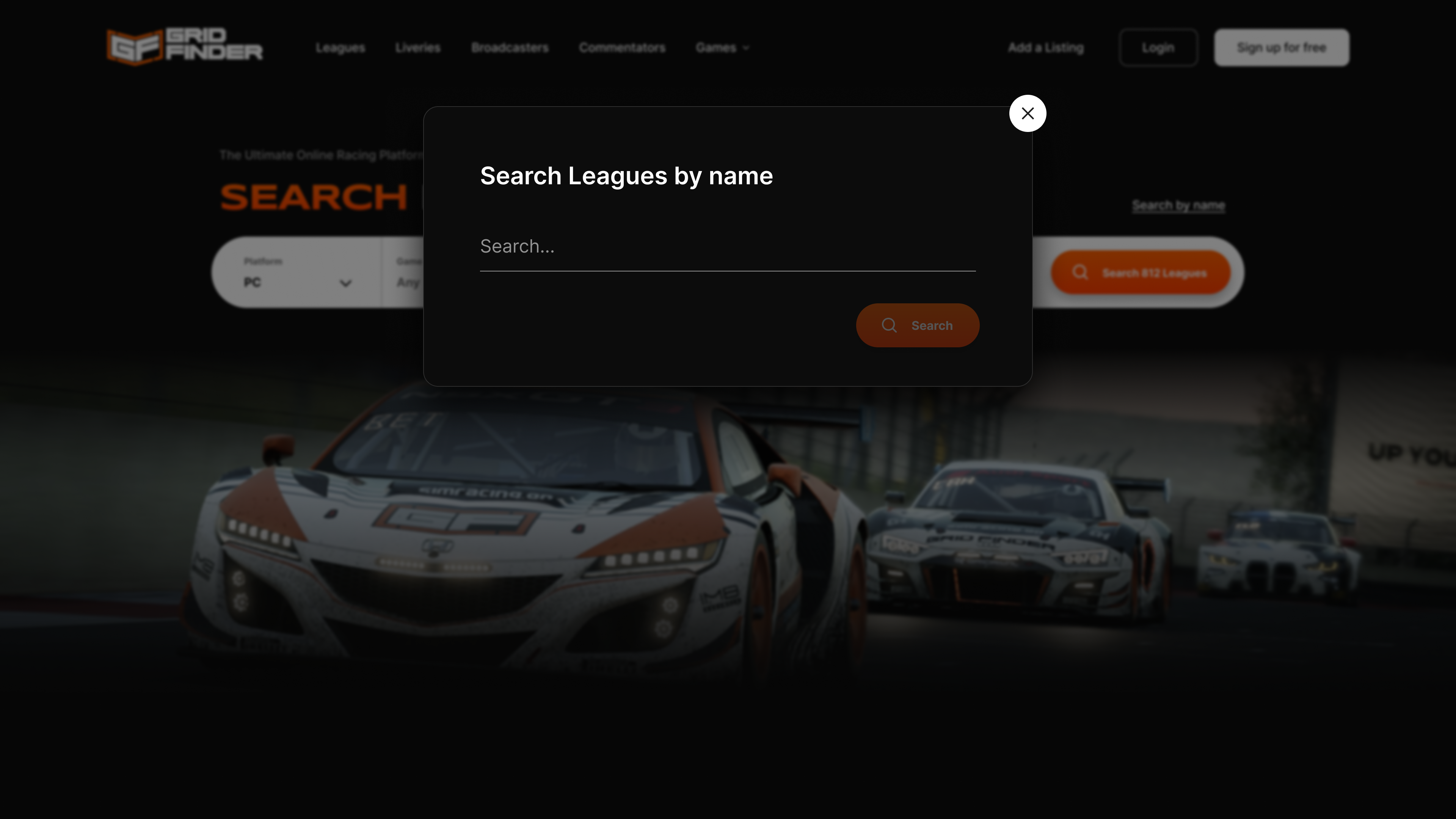 League Search Text on Grid Finder Homepage